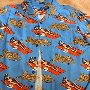 Blue Casual Button Down Shirt with Leopard Print